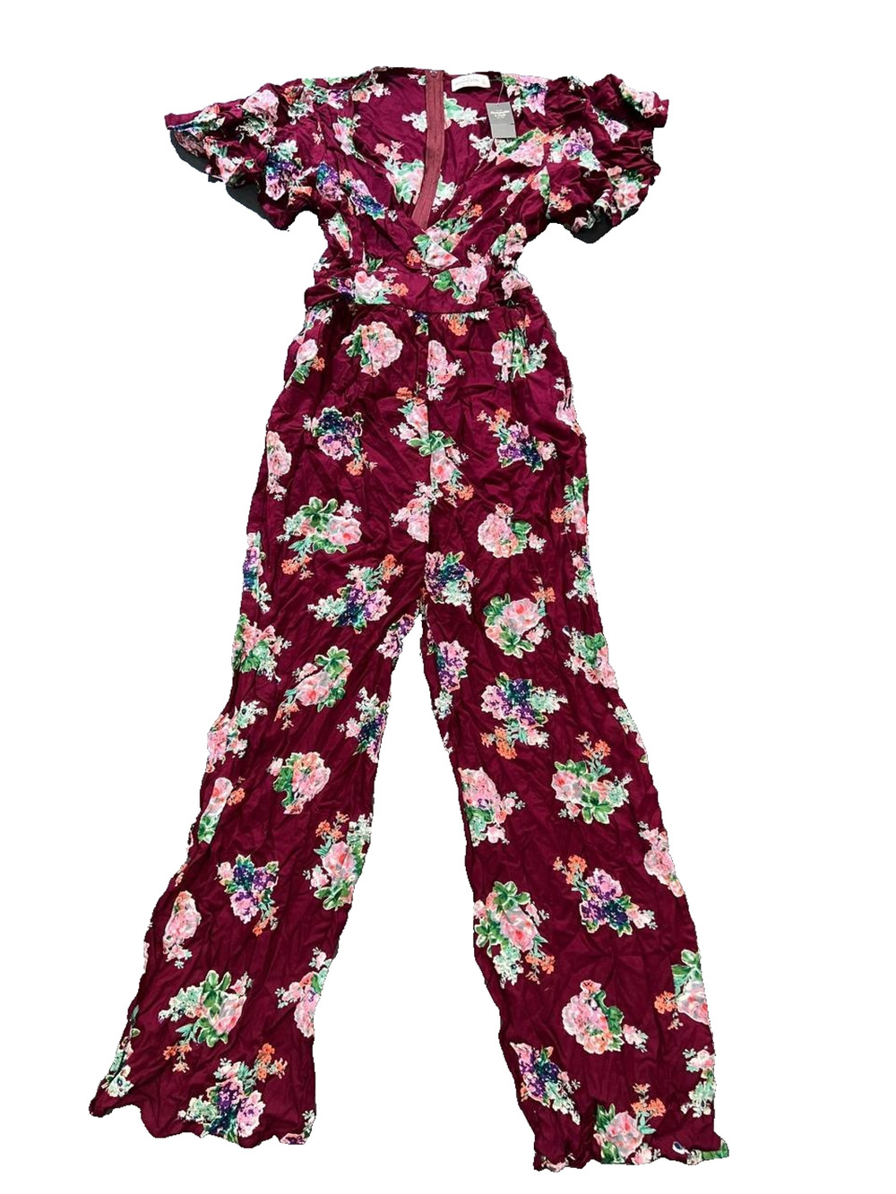 Abercrombie & Fitch Burgundy Green Floral Y2K V-Neck Jumpsuit Piece L A010344